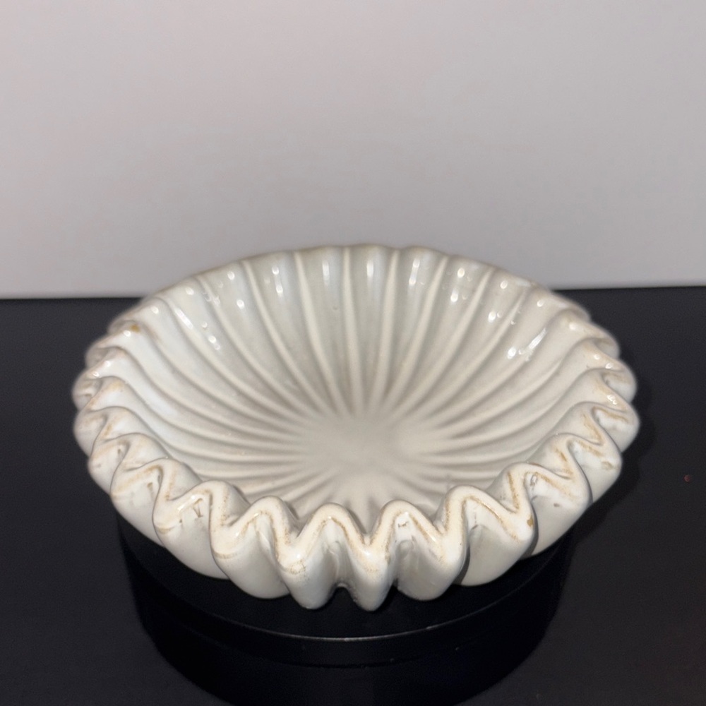 Indaba Fluted Ceramic Catchall Bowl Ruffled Cream Grey Trinket Dish